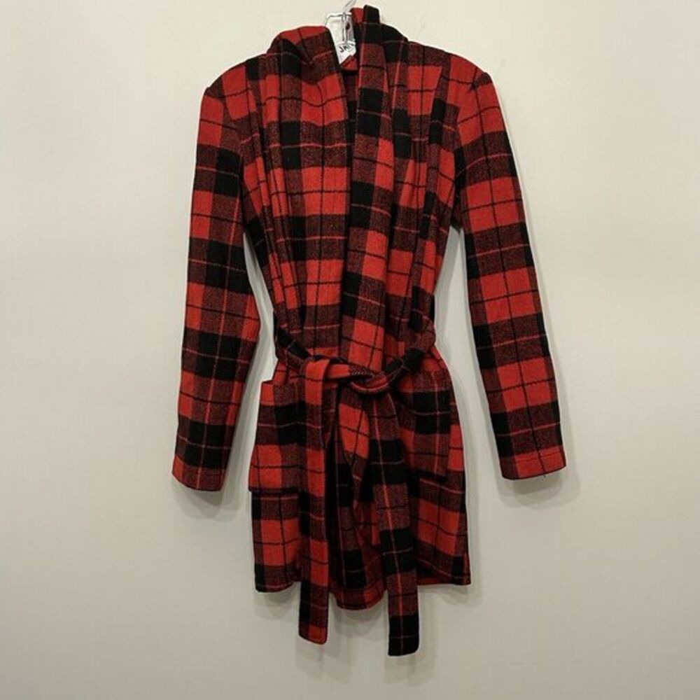 Jack BB Dakota Jacket Coat Womens XS‎ Red Black Belted Hooded Plaid Open